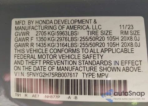 2024 Honda Pilot Touring из США, поврежденный, VIN 5FNYG2H75RB007617